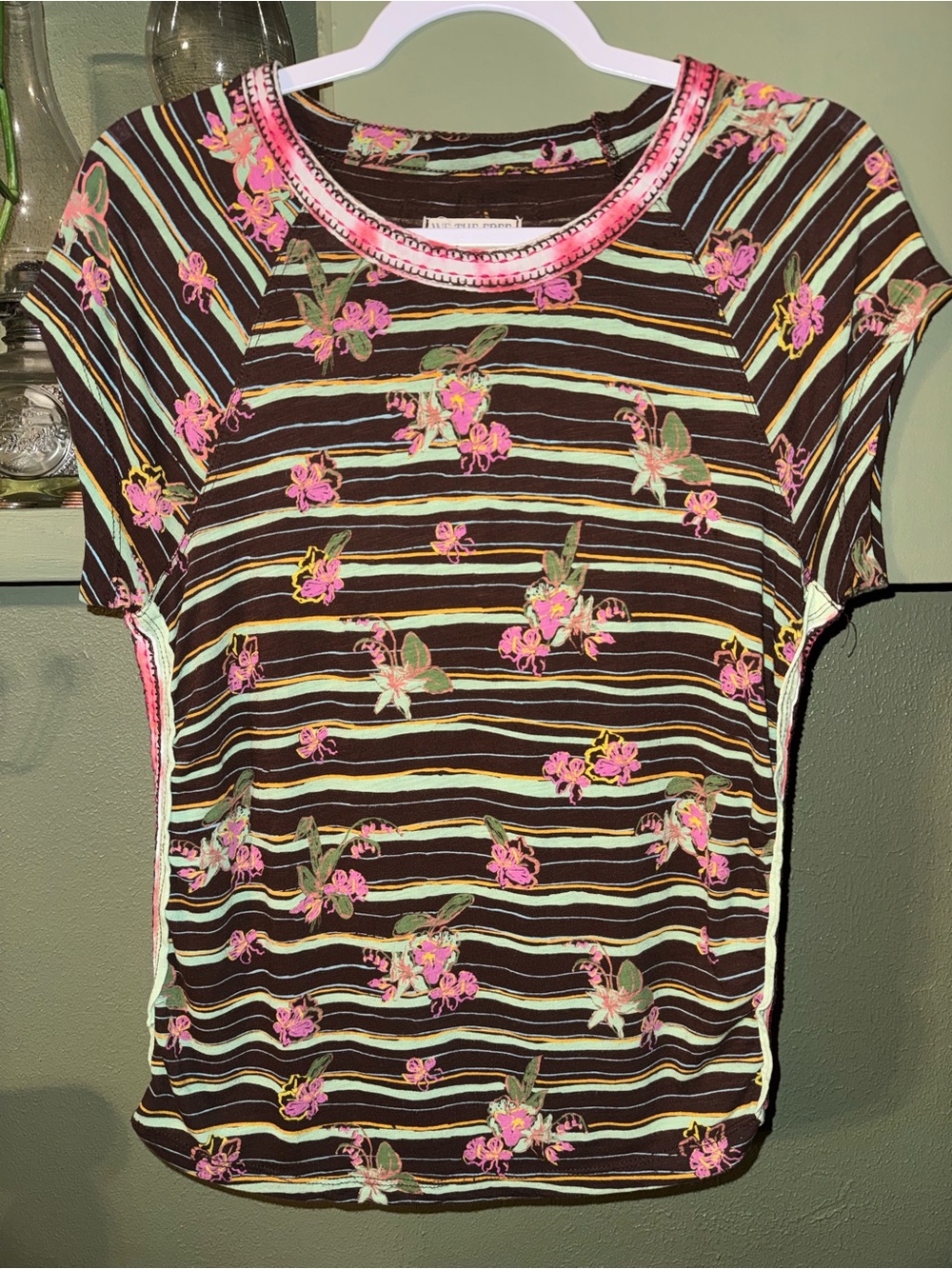 We The Free Brown Striped Tee with Pink Floral Accents
